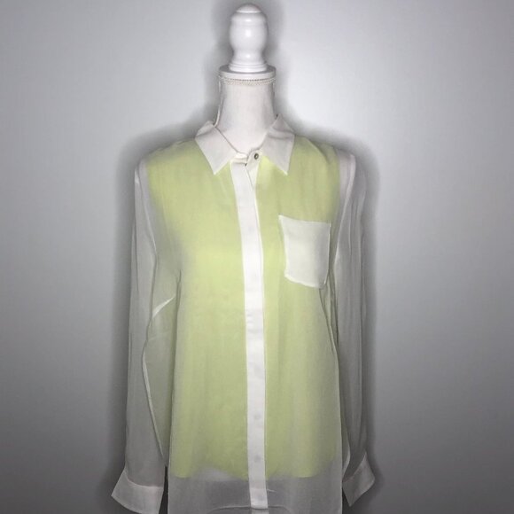 Line & Dot Silk Hi-Lo Split Side Blouse Neon Green - Picture 1 of 11